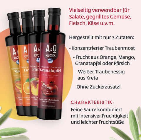 Produktvielfalt fruchtiger Balsamico Essig. In den Sorten Granatapfel, Orange, Pfirsich und Mango.