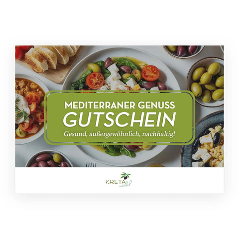 KRETA natürlich Geschenkgutschein Vorderseite (A6) – stilvoll gestalteter Gutschein für mediterrane Feinkost, Olivenöle und kulinarischen Genuss.