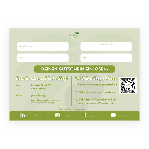 Rückseite KRETA natürlich Geschenkgutschein Vorderseite (A6) – stilvoll gestalteter Gutschein für mediterrane Feinkost, Olivenöle und kulinarischen Genuss.