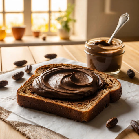 Carob-Aufstrich – cremiger, süßlicher Brotaufstrich aus natürlichem Johannisbrot, inspiriert von mediterraner Küche.