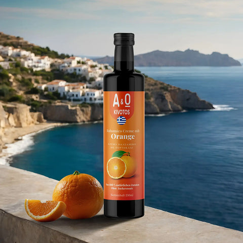 Balsamico mit Orange 250 g – fruchtig-frischer Balsamico-Essig mit intensiver Orangen-Note, ideal für mediterrane Salate und Dressings.