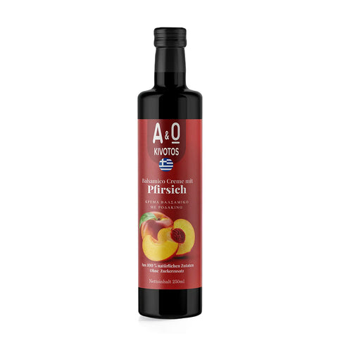 Balsamico mit Pfirsich 250 g – aromatischer Balsamico-Essig mit süßer Pfirsich-Note, perfekt für mediterrane Salate und Dressings.