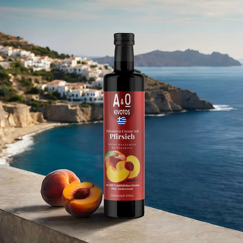 Balsamico mit Pfirsich 250 g – fruchtig-süßer Balsamico-Essig mit intensiver Pfirsich-Note, ideal für mediterrane Salate und Dressings.