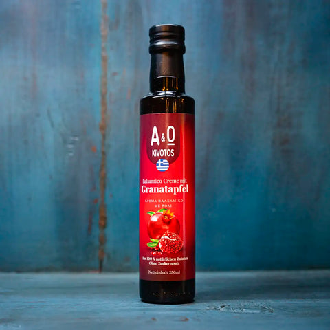 A&O Kivotos Balsamico Essig Creme Granatapfel. Purer Genuss ohne Zuckerzusatz im blauen Regal.