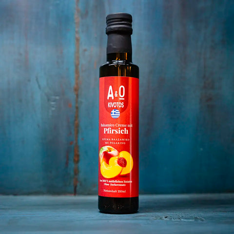 A&O Kivotos Balsamico Essig Creme Pfirsich. Purer Genuss ohne Zuckerzusatz im blauen Regal.