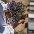 Ein Glas Chania Honig in den Händen des Imkers mit einem Blütenzweig direkt an den Bienenstöcken. So entsteht Genuss.