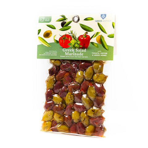 Cretan Anthos Gemischte Oliven mit Greek Salad Marinade 220 g – vielfältige mediterrane Oliven in würziger Marinade, perfekt für griechische Salate und Feinschmecker.