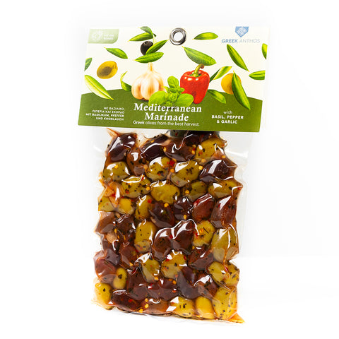 Cretan Anthos Gemischte Oliven mit mediterraner Marinade 220 g – aromatische Auswahl mediterraner Oliven in würziger Marinade, ideal für Salate und Feinschmecker.
