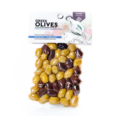 Cretan Anthos Gemischte grüne und schwarze Oliven 220 g – frische mediterrane Oliven in Premiumqualität, ideal als Snack oder für Salate.