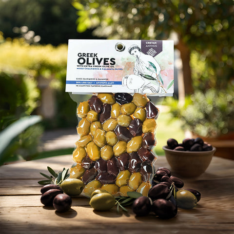 Mood - Cretan Anthos Gemischte grüne und schwarze Oliven 220 g – vielfältige mediterrane Oliven in Premiumqualität, ideal als Snack oder für Salate.