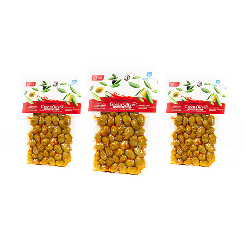 3er Set zum Vorteilspreis - Cretan Anthos Grüne Chalkidiki Oliven mit Boukovo 220 g – würzige mediterrane Oliven verfeinert mit scharfem Boukovo-Pulver, ideal für Feinschmecker und Genießer.