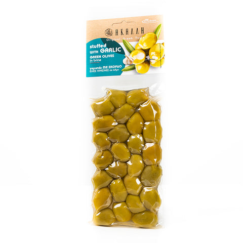 Grüne Chalkidiki Oliven mit Knoblauch 200 g – aromatische mediterrane Oliven verfeinert mit würzigem Knoblauch, ideal für Feinschmecker und Salate.