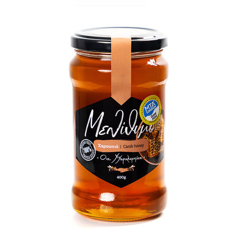 Melithymo Carob Honig 400 g – natürlicher mediterraner Honig mit süßem Johannisbrot-Aroma, reich an Geschmack und ideal für Genießer.