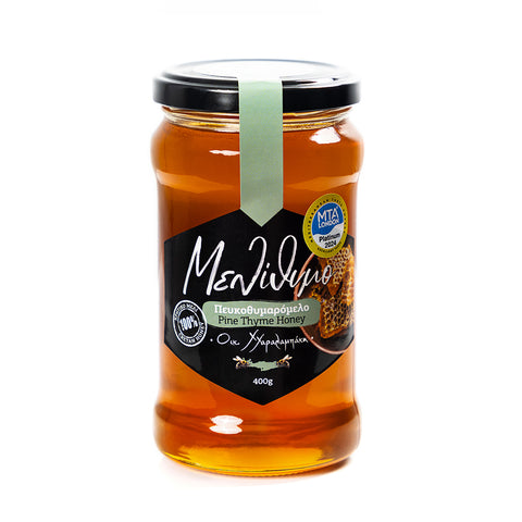 Melithymo Thymian- und Kiefernhonig 400 g – naturbelassener mediterraner Honig mit aromatischem Thymian- und Kieferngeschmack, ideal für Genießer.
