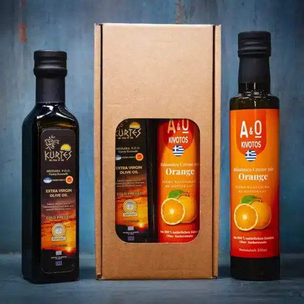 Genussbox Orange aus extra nativem Olivenöl und Balsamico Essig Creme Orange, perfekt für Salat.