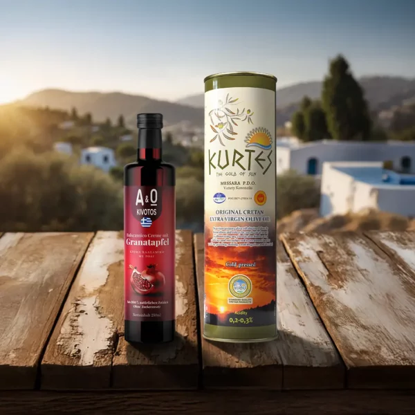 Mediterranes Genusspaket bestehend aus 1 Liter extra nativem Olivenöl und Balsamico Essig Creme Granatapfel