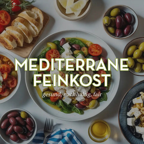 Mezedes-Tafel mit Olivenöl, Brot und Dips aus Kreta