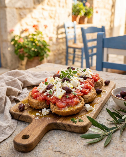 Dakos Rezept: kretische Vorspeise mit Tomaten, Feta & Paximadi
