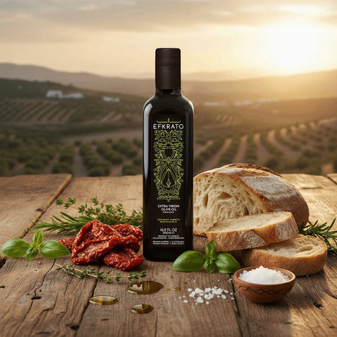 EFKRATO unser high phenolic Olivenöl mit Brot und Salz