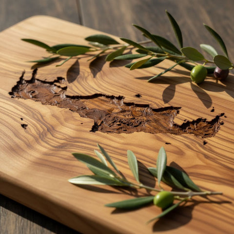 Die Kontur Kretas in einem edlen Olivenholz, handwerkliche Arbeit der Extraklasse