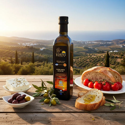 Kurtes extra natives Olivenöl auf dem gedeckten Holztisch mit Feta, Oliven, Tomaten und Brot vor kretischer Landschaft. 