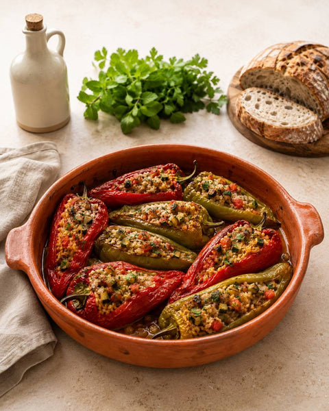 Piperies Gemistés Rezept: kretische gefüllte Paprika mit Reis & Kräutern