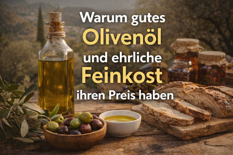 Kulinarisches Setup mit Brot und Olivenöl und der Frage, warum gutes Olivenöl und ehrliche Feinkost ihren Preis haben. 