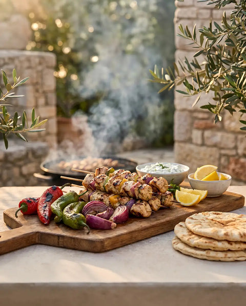Hähnchen Souvlaki direkt vom Grill mit Joghurt und Zitrone
