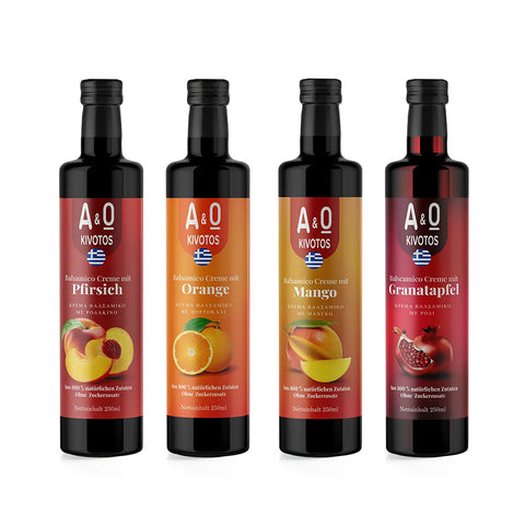 4er Set fruchtige Essige von Kivotos - Orange, Granatapfel, Mango und Pfirsich