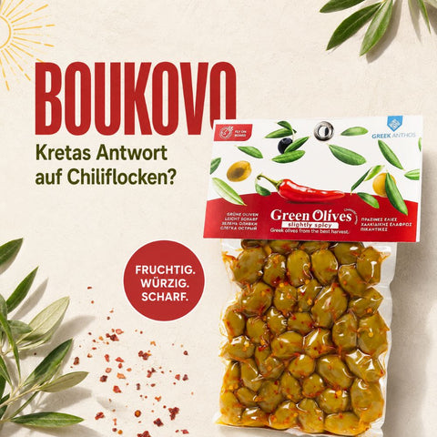 Oliven mit Boukovo, der scharfen Paprikavariation aus Kreta