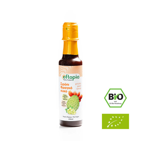 Creta Carob Bio-Kaktusfeige-Sirup. Fruchtig-süßer Sirup aus kretischer Kaktusfeige und Traubenmost, ideal zum Verfeinern von Desserts und Getränken.