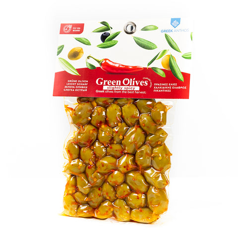 Cretan Anthos Grüne Chalkidiki Oliven mit Boukovo 220 g – würzige mediterrane Oliven verfeinert mit scharfem Boukovo-Pulver, ideal für Feinschmecker und Genießer.