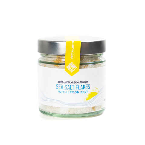 Cretan Anthos Meersalz Flakes mit Zitronenzesten 200 g – knusprige Meersalzflocken aus Kreta, verfeinert mit frischen Zitronenzesten, ideal zum Verfeinern mediterraner Gerichte.