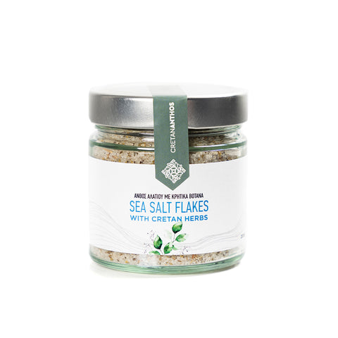 Cretan Anthos Meersalz Flakes mit griechischen Kräutern 200 g – knusprige Meersalzflocken aus Kreta, verfeinert mit aromatischen griechischen Kräutern, ideal für mediterrane Gerichte.