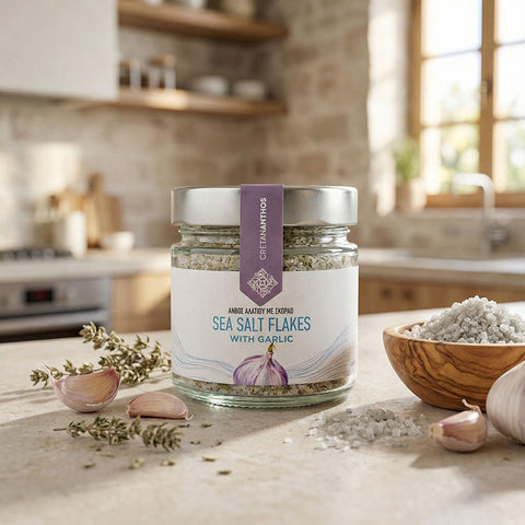 Meersalz Flakes mit Knoblauch im Glas, naturbelassen, aromatisch