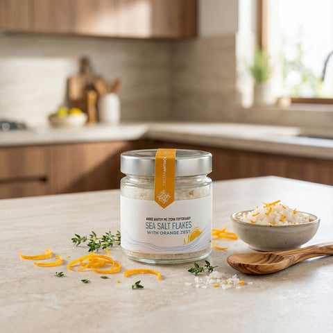 Meersalz Flakes mit frischen Orangenzesten im Glas