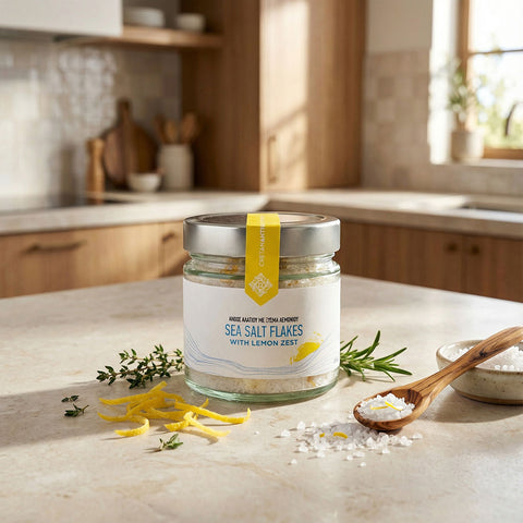 Meersalz Flakes mit frischer Zitronenzeste im Glas