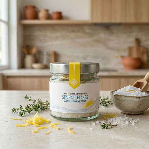 Meersalz Flakes mit Zitronenzesten aus Kreta, grobkörnig und naturbelassen