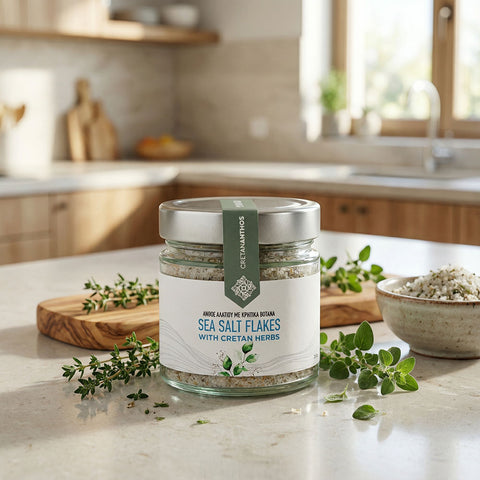 Meersalz Flakes mit griechischen Kräutern, naturbelassen und aromatisch
