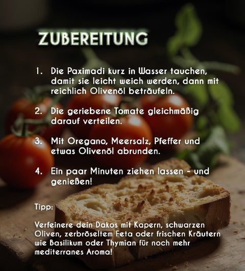 Dakos Rezept – zweite Seite mit detaillierten Zubereitungsschritten und Tipps für die klassische kretische Vorspeise mit Tomaten, Feta und Olivenöl.