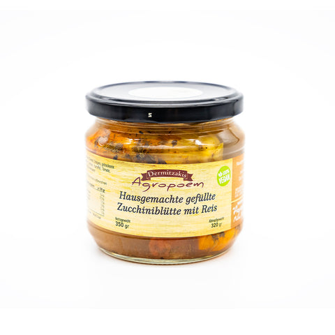 Agropoem gefüllte Zucchiniblüten vegan mit Reis in Gemüsebrühe – kretische Spezialität