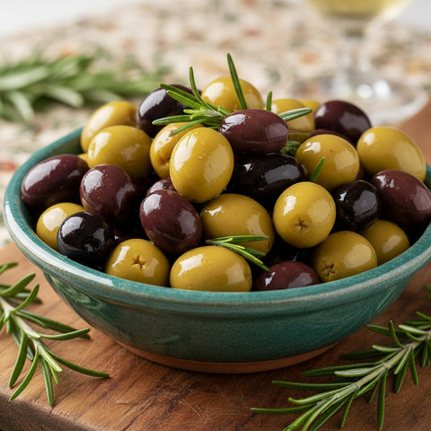 Mediterraner Olivenmix in farbiger Tonschale – authentische kretische Olivenvielfalt als Symbol für natürlichen Genuss und Qualität