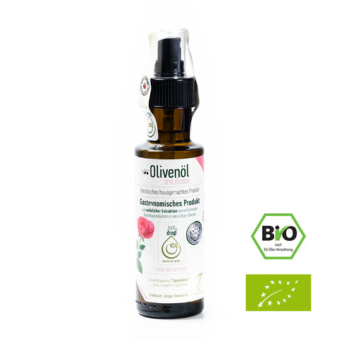 BIO Just a drop Olivenöl mit den echten Aromen der Roten Damaszener Rose vom Berg Olymp
