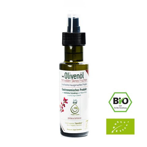 BIO Just a drop Aromaöl Skinos-Früchte. Feinwürziges Öl mit dem einzigartigen Aroma der Mastix-Bäume für kreative mediterrane Küche.