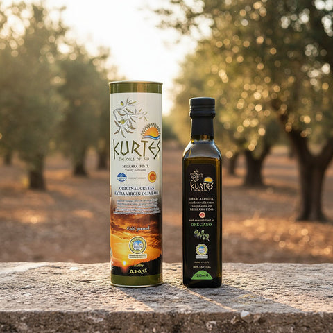 Essenz Kretas Set aus extra nativem Olivenöl und Olivenöl mit Oregano Aromen perfekt zum Würzen mediterraner Gerichte