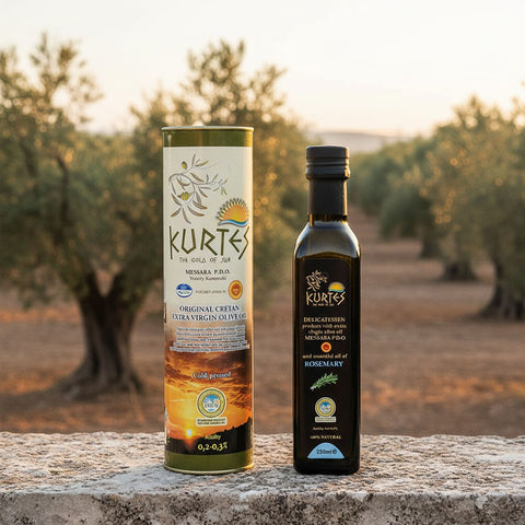 Essenz Kretas Set aus extra nativem Olivenöl und Olivenöl mit Rosmarin Aromen perfekt zum Würzen von Fleisch, Gemüse und Kartoffeln