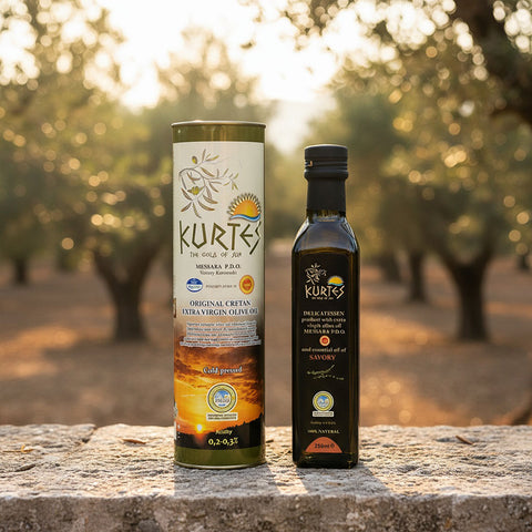 Essenz Kretas Set aus extra nativem Olivenöl und Olivenöl mit Bohnenkraut Aromen perfekt zum Würzen von Fleisch und Gemüsegerichten