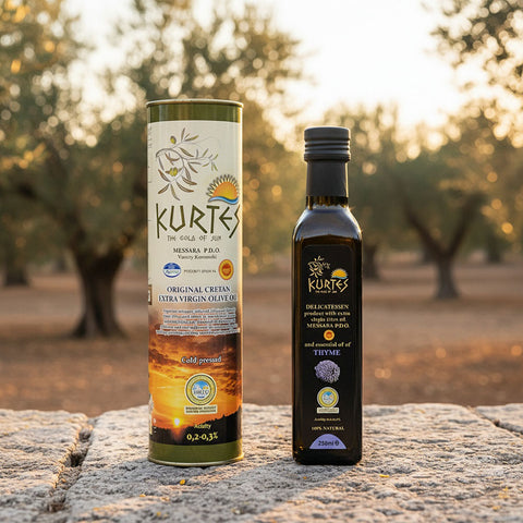 Essenz Kretas Set aus extra nativem Olivenöl und Olivenöl mit Thymian Aromen perfekt zum Würzen von Fisch und Gemüse