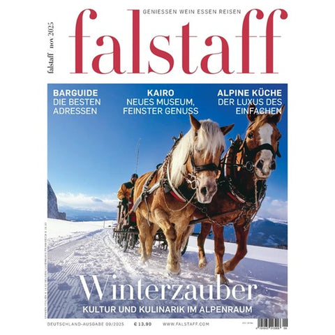 Falstaff Magazin Cover 11/25 – Winterzauber Ausgabe über Kultur und Kulinarik im Alpenraum mit Fokus auf Genuss, regionale Spezialitäten und alpine Lebensart