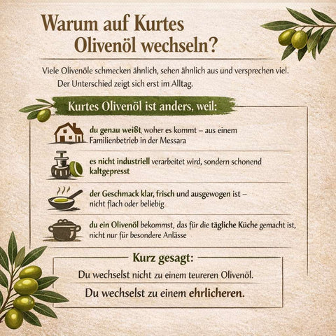 Kurtes Olivenöl ist anders, warum erklären wir in dieser Grafik. Herkunft, Handwerk und Geschmack, einfach für jeden Tag